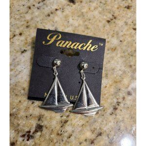Vintage Panache Silver Tone Sailboat Dangle Stud Earrings Nautical.  USA!